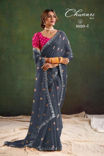 Designer Pure Chiffon Saree With Bandhani Mill Print & Contrast Jacquard Blouse Pure Chiffon Sarees Wholesale