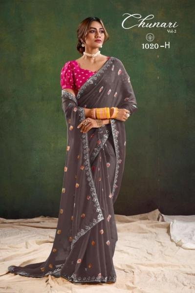 Designer Pure Chiffon Saree With Bandhani Mill Print & Contrast Jacquard Blouse Pure Chiffon Sarees Wholesale