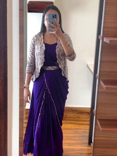 Designer Purple Color Saree  With Embroidery Cording Work   Ready To Wear Saree 