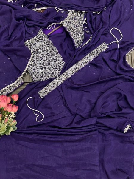 Designer Purple Color Saree  With Embroidery Cording Work   Ready To Wear Saree 