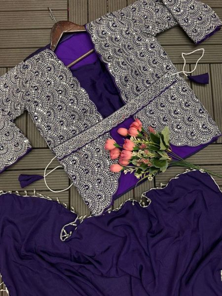 Designer Purple Color Saree  With Embroidery Cording Work   Ready To Wear Saree 