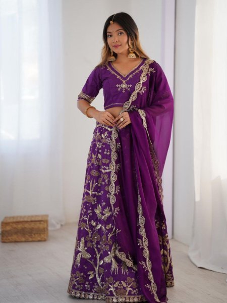 Designer Purple Heavy Thai Silk Lehenga Set with Embellished Blouse    Malai Silk Dupatta Wholesale Price 