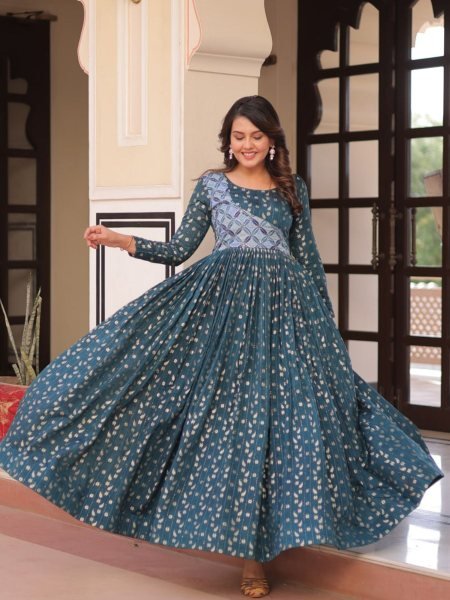 Designer Rama Jacquard Gown with Elegant Weaving   Position Print Ready to Wear at Low Price 