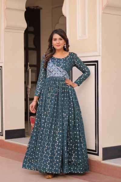 Designer Rama Jacquard Gown with Elegant Weaving   Position Print Ready to Wear at Low Price Anarkali Kurtis 