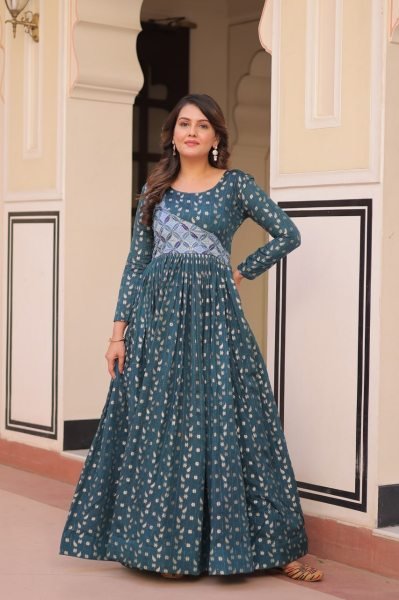 Designer Rama Jacquard Gown with Elegant Weaving   Position Print Ready to Wear at Low Price Anarkali Kurtis 