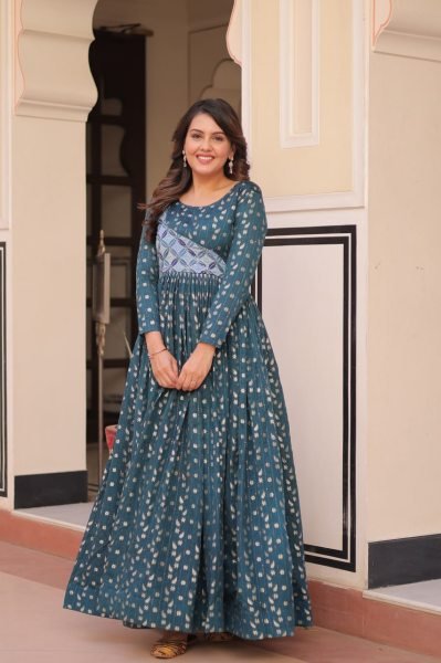 Designer Rama Jacquard Gown with Elegant Weaving   Position Print Ready to Wear at Low Price Anarkali Kurtis 