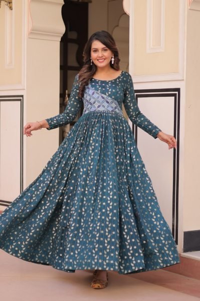 Designer Rama Jacquard Gown with Elegant Weaving   Position Print Ready to Wear at Low Price Anarkali Kurtis 