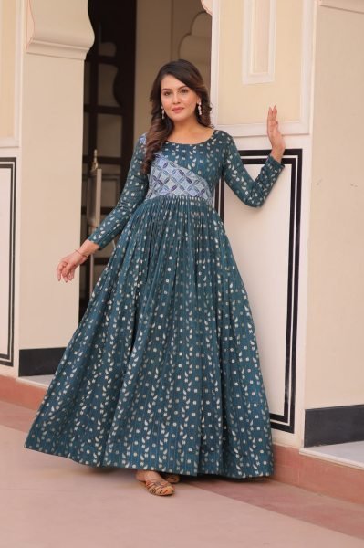 Designer Rama Jacquard Gown with Elegant Weaving   Position Print Ready to Wear at Low Price Anarkali Kurtis 