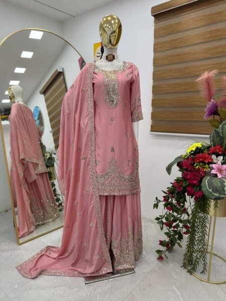 Designer Ready to Wear Chinon Silk Sharara Suit  Heavy Embroidery   Sequin Work Wholesale 3 Piece Set for Resellers  Ready To Wear Collection