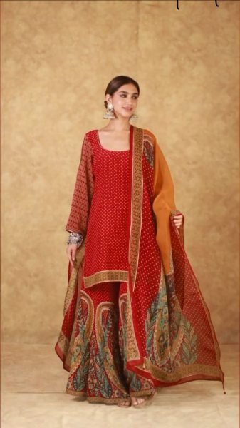 Designer Red Color Georgette Plazzo Suits  Ready To Wear Collection