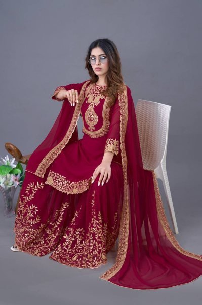Designer Red Faux Georgette Embroidered Palazzo Suit with Rich Thread and Sequence Detailing  Full Sleeves  and Elegant Dupatta  Ready To Wear Collection