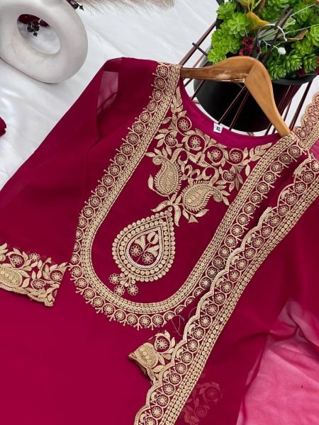 Designer Red Faux Georgette Embroidered Palazzo Suit with Rich Thread and Sequence Detailing  Full Sleeves  and Elegant Dupatta  Ready To Wear Collection