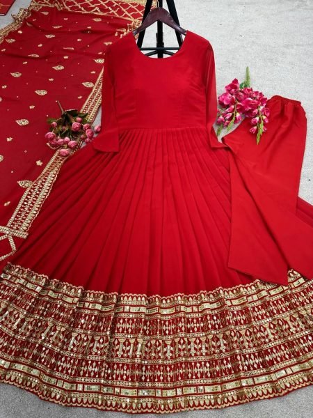 Designer Red Faux Georgette Gown With Embroidery Sequence Work  Ready To Wear Collection