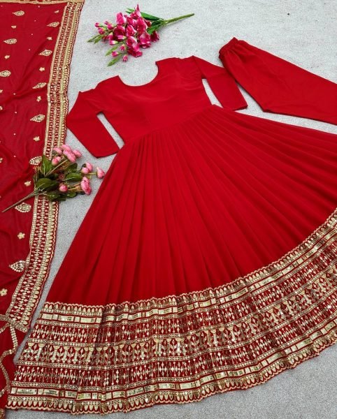 Designer Red Faux Georgette Gown With Embroidery Sequence Work  Ready To Wear Collection