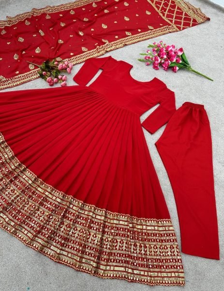 Designer Red Faux Georgette Gown With Embroidery Sequence Work  Ready To Wear Collection