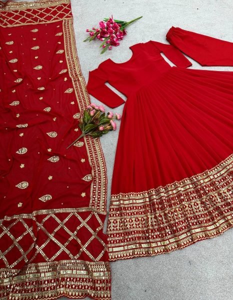 Designer Red Faux Georgette Gown With Embroidery Sequence Work  Ready To Wear Collection