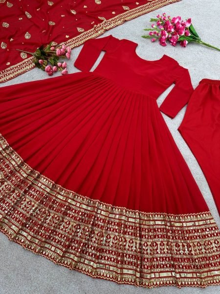 Designer Red Faux Georgette Gown With Embroidery Sequence Work  Ready To Wear Collection