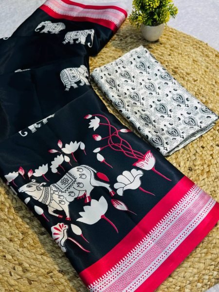 designer red satin saree with cow and lotus print premium silk look Sarees 