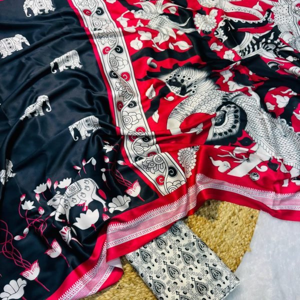 designer red satin saree with cow and lotus print premium silk look Printed Cotton Sarees Wholesale
