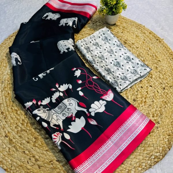 designer red satin saree with cow and lotus print premium silk look Printed Cotton Sarees Wholesale