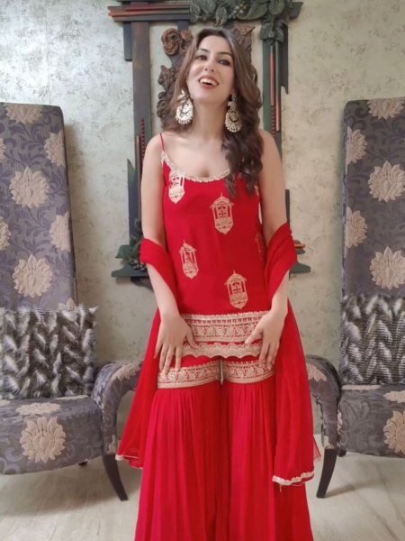 Designer Red Sharara Outfit in Faux Georgette with Embroidery Detailing for Celebration Wear 