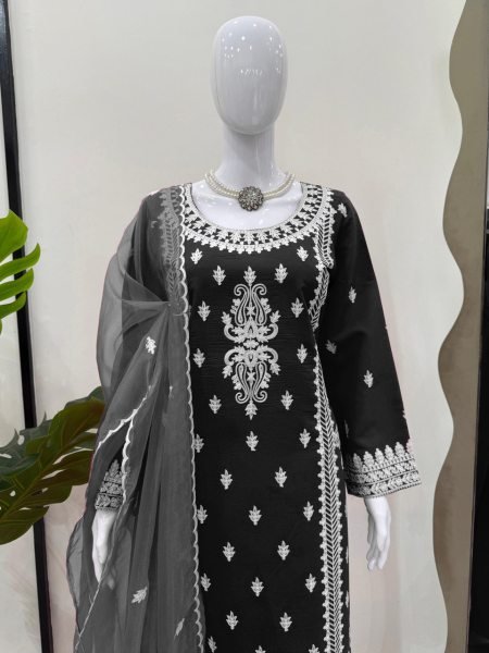 Designer Roman Silk Chikankari Kurti Plazo Set with Organza Dupatta Ready to Wear Wholesale Price Ready To Wear Collection