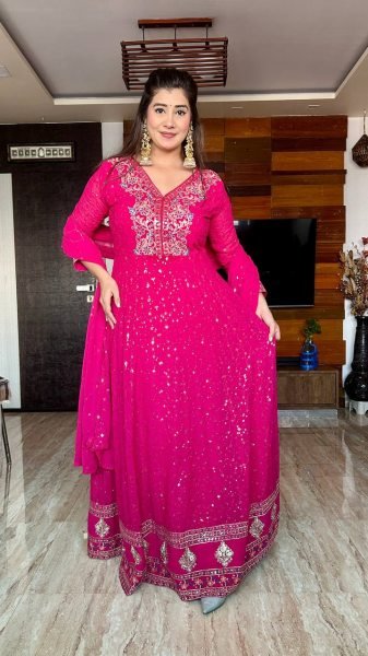 Designer Georgette Anarkali Gown Set 3Pc Stitched with Dupatta   Pants Ready to Wear Partywear by Royal Export at Best Price Ready To Wear Collection