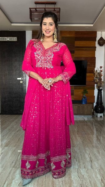 Designer Georgette Anarkali Gown Set 3Pc Stitched with Dupatta   Pants Ready to Wear Partywear by Royal Export at Best Price Ready To Wear Collection