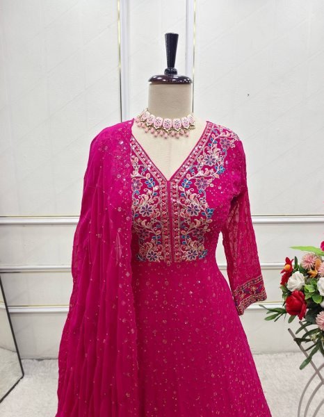 Designer Georgette Anarkali Gown Set 3Pc Stitched with Dupatta   Pants Ready to Wear Partywear by Royal Export at Best Price Ready To Wear Collection