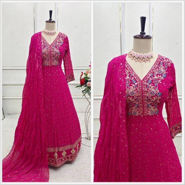 Designer Georgette Anarkali Gown Set 3Pc Stitched with Dupatta   Pants Ready to Wear Partywear by Royal Export at Best Price Ready To Wear Collection