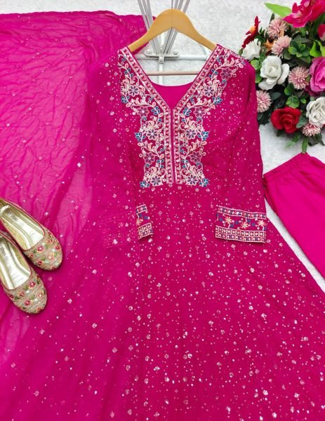Designer Georgette Anarkali Gown Set 3Pc Stitched with Dupatta   Pants Ready to Wear Partywear by Royal Export at Best Price Ready To Wear Collection