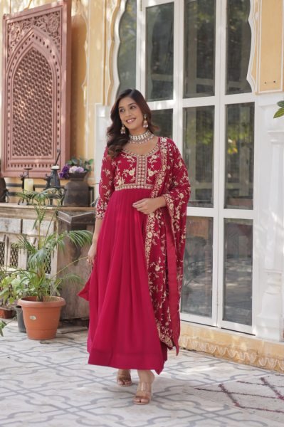 Designer Sequins   Zari Gown with Fancy Neck   Dupatta Fully Stitched Party Wear Anarkali Kurtis 