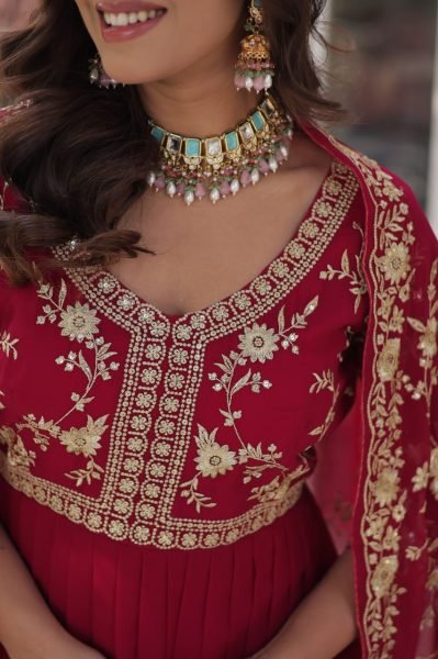 Designer Sequins   Zari Gown with Fancy Neck   Dupatta Fully Stitched Party Wear Anarkali Kurtis 