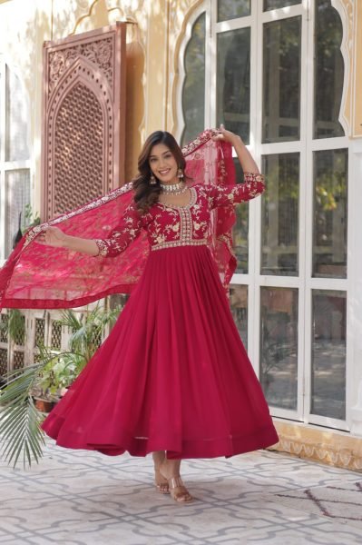 Designer Sequins   Zari Gown with Fancy Neck   Dupatta Fully Stitched Party Wear Anarkali Kurtis 