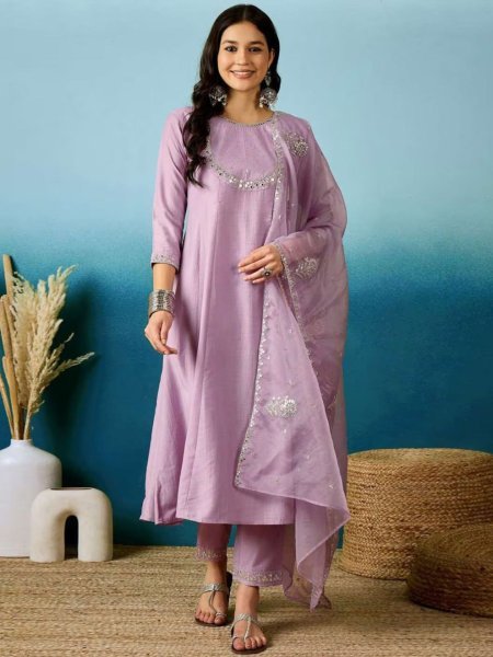 Designer Silk Blend Anarkali 3 Piece Suit Set with Embroidered Dupatta Ready to Wear Party Look for Resellers  