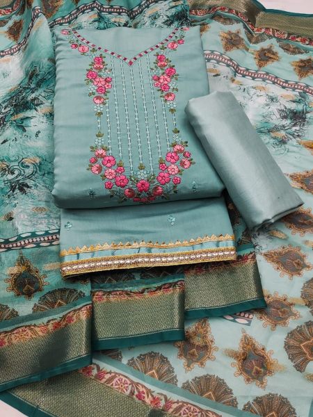 Designer Silk Dress Material With Organza Jacquard Dupatta For Women Color Set Matching Dress Material Wholesale