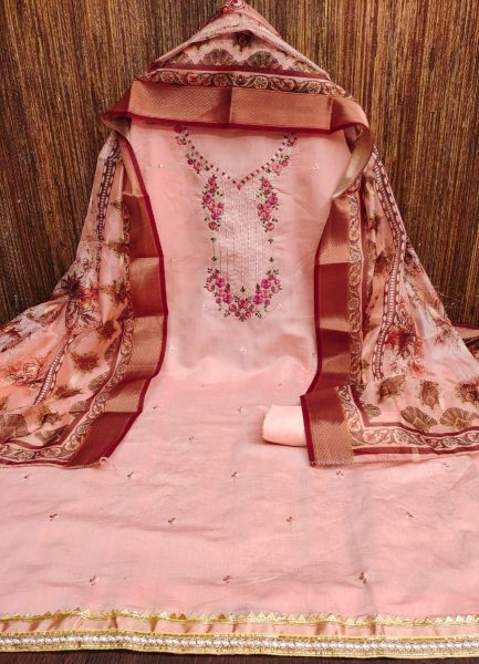 Designer Silk Dress Material With Organza Jacquard Dupatta For Women Color Set Matching Dress Material Wholesale