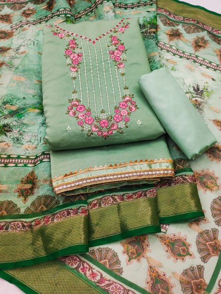 Designer Silk Dress Material With Organza Jacquard Dupatta For Women Color Set Matching Dress Material Wholesale