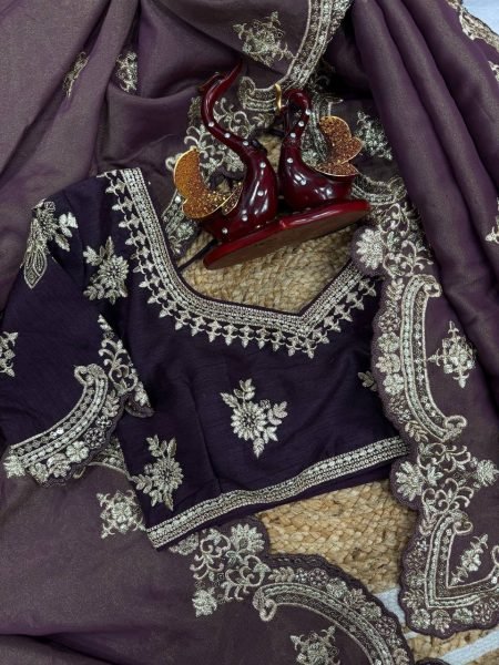 designer soft silk saree with scallop border premium zari embroidery look Embroidery Sarees Wholesale
