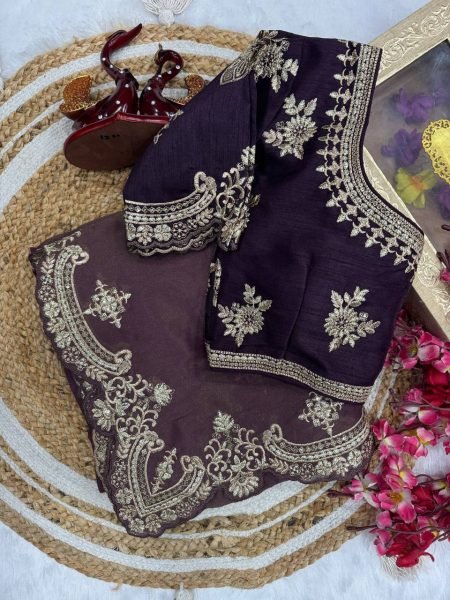 designer soft silk saree with scallop border premium zari embroidery look Embroidery Sarees Wholesale