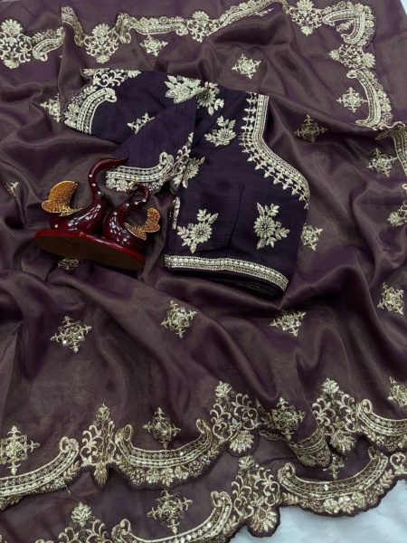 designer soft silk saree with scallop border premium zari embroidery look Embroidery Sarees Wholesale
