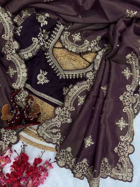 designer soft silk saree with scallop border premium zari embroidery look Embroidery Sarees Wholesale