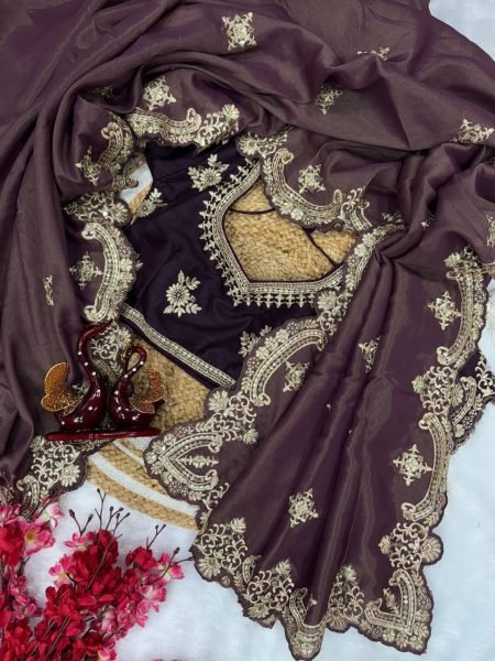 designer soft silk saree with scallop border premium zari embroidery look Embroidery Sarees Wholesale