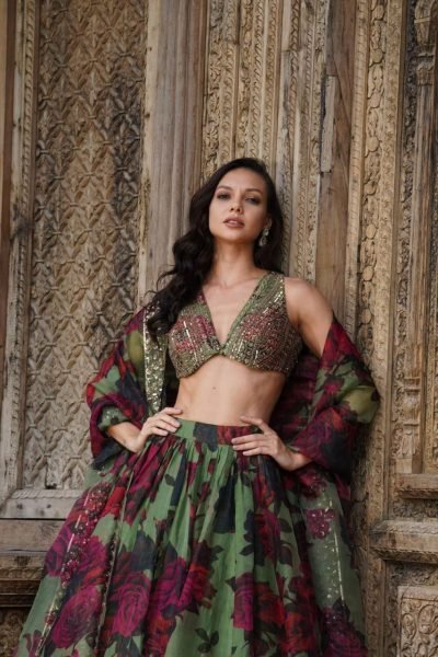 Designer Tabby Organza Lehenga Set with Thread and Sequence Embroidery Digital Print with Lace Dupatta Export Quality Designer Lehenga Choli
