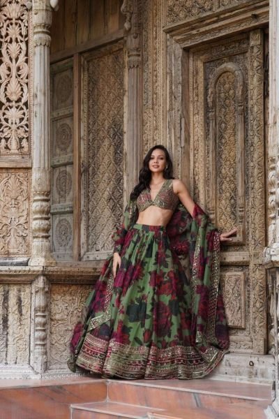 Designer Tabby Organza Lehenga Set with Thread and Sequence Embroidery Digital Print with Lace Dupatta Export Quality Designer Lehenga Choli