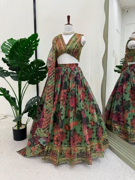 Designer Tabby Organza Lehenga Set with Thread and Sequence Embroidery Digital Print with Lace Dupatta Export Quality Designer Lehenga Choli