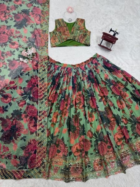 Designer Tabby Organza Lehenga Set with Thread and Sequence Embroidery Digital Print with Lace Dupatta Export Quality Designer Lehenga Choli