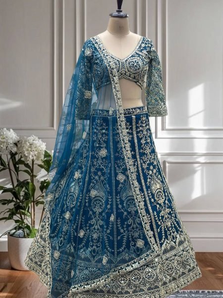 Designer Teal Blue Net Embroidery Lehenga Choli Bridal Collection at Manufacturer Price