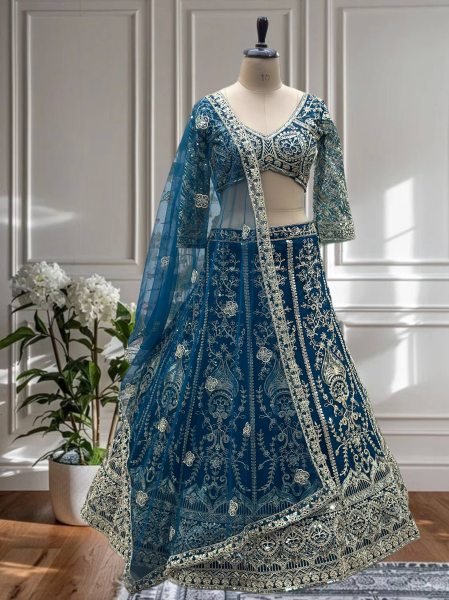 Designer Teal Blue Net Embroidery Lehenga Choli Bridal Collection at Manufacturer Price Designer Lehenga Choli