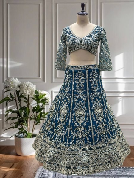 Designer Teal Blue Net Embroidery Lehenga Choli Bridal Collection at Manufacturer Price Designer Lehenga Choli